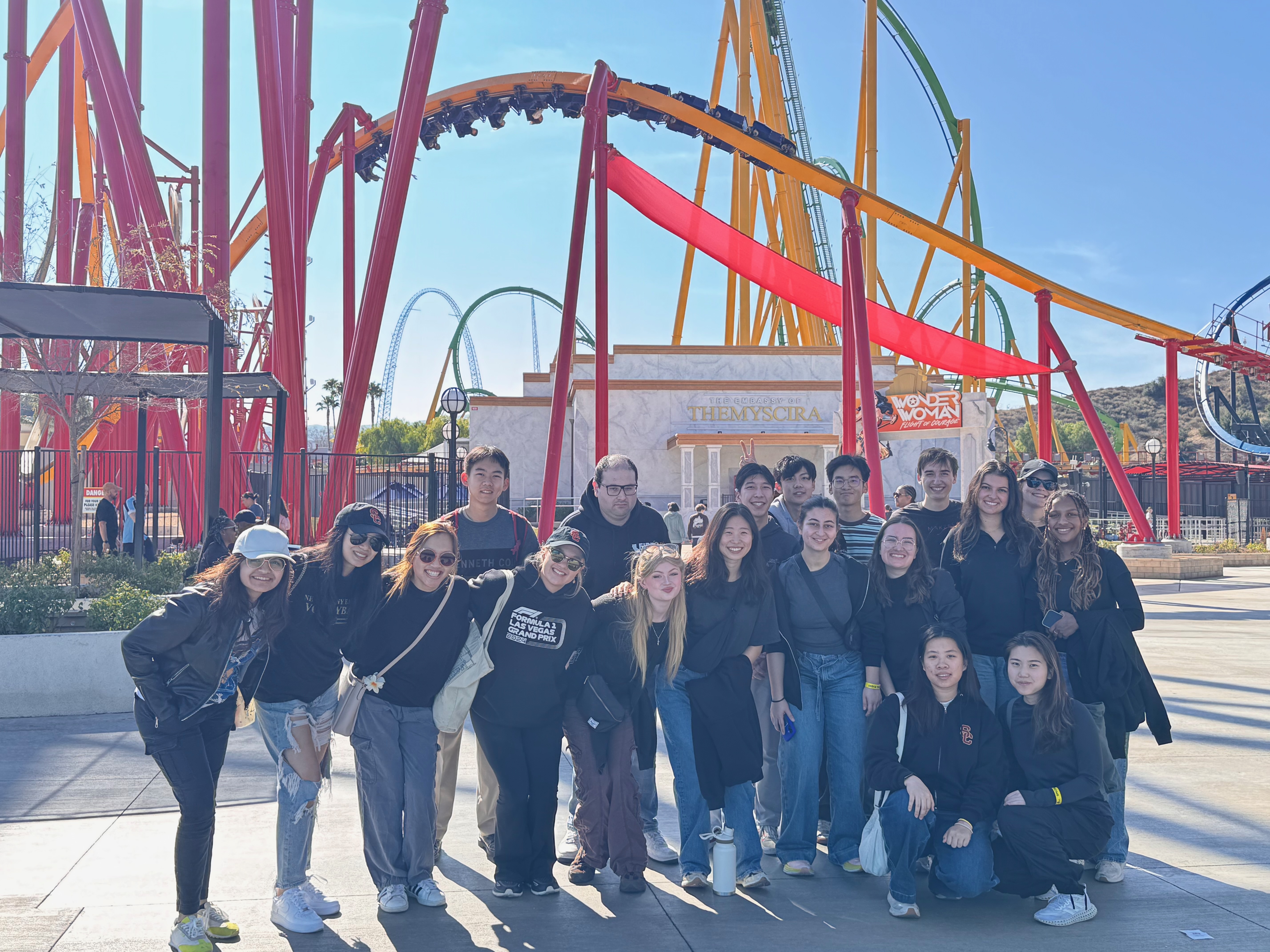 Scream USC at a collaboration event with Melanin Coaster Network (MCN), attending exclusive ride time at Six Flags Magic Mountain